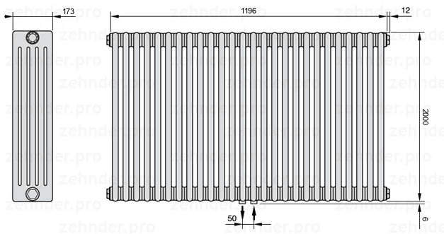 Схема (чертеж) Радиатор Zehnder Charleston 5200/26 №5410 Белый глянцевый RAL 9016